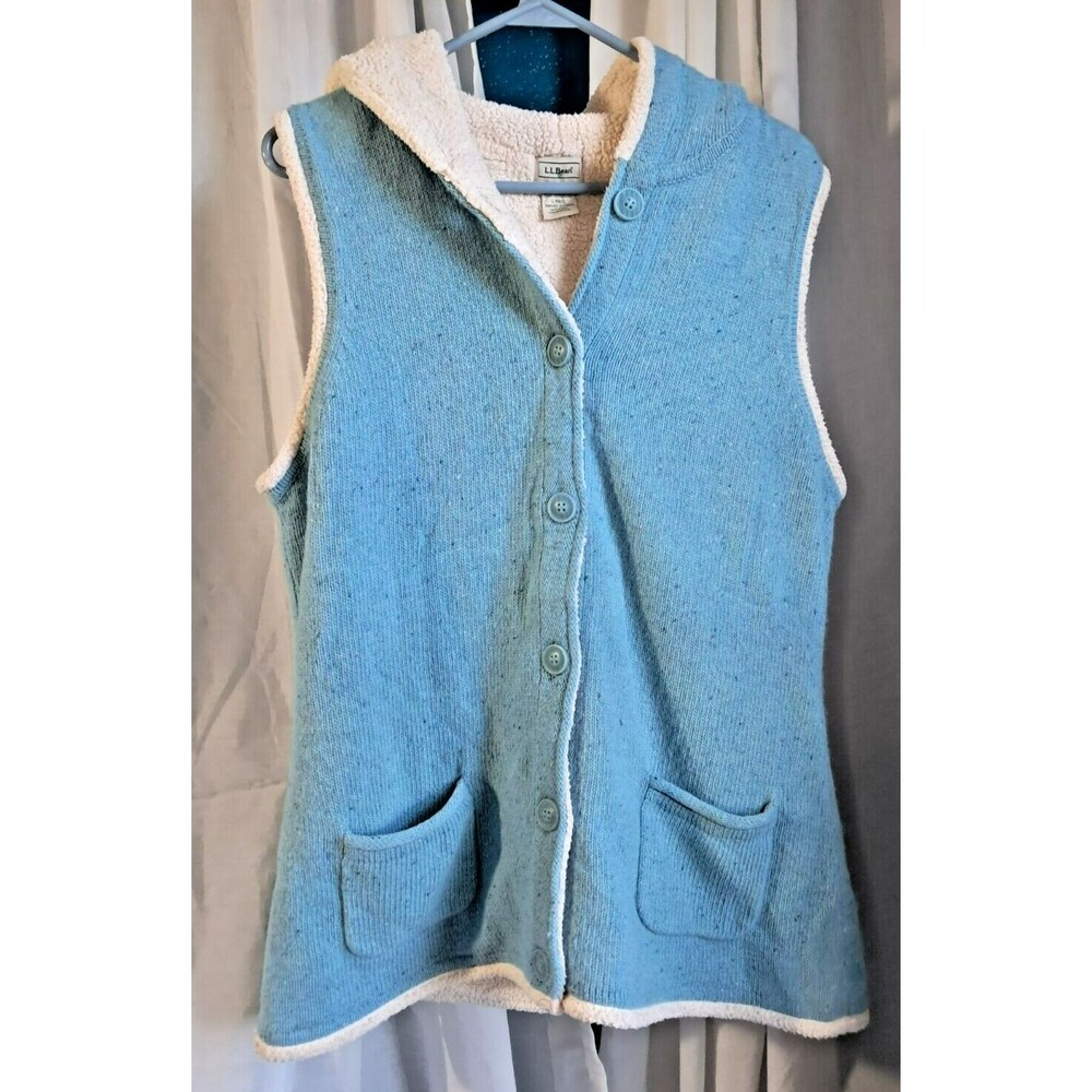 LL Bean Vest Womens Large Blue Sherpa Lined Lambswool Blend Button Hoodie